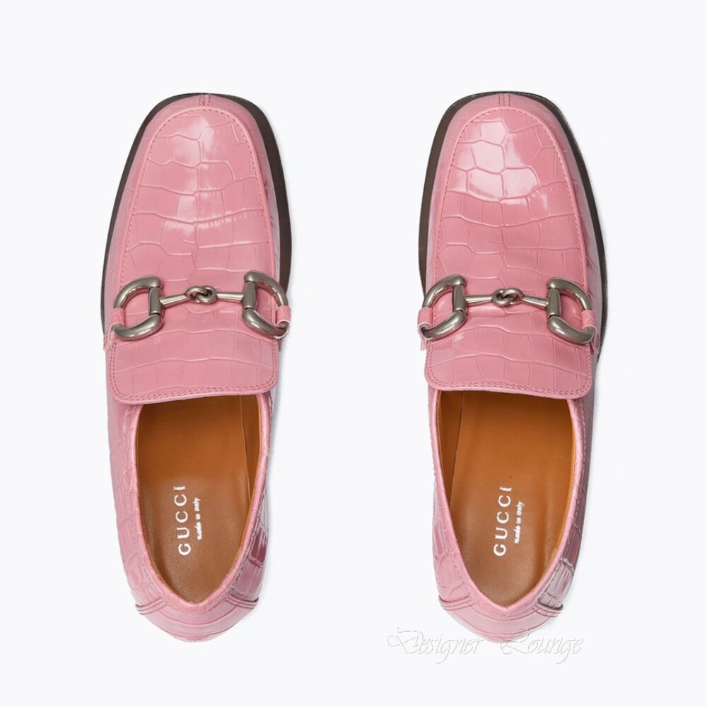 NEW GUCCI Horsebit Pink Croc Embossed Leather Platform Loafers EU 40.5 US 10.5 - Picture 3 of 10
